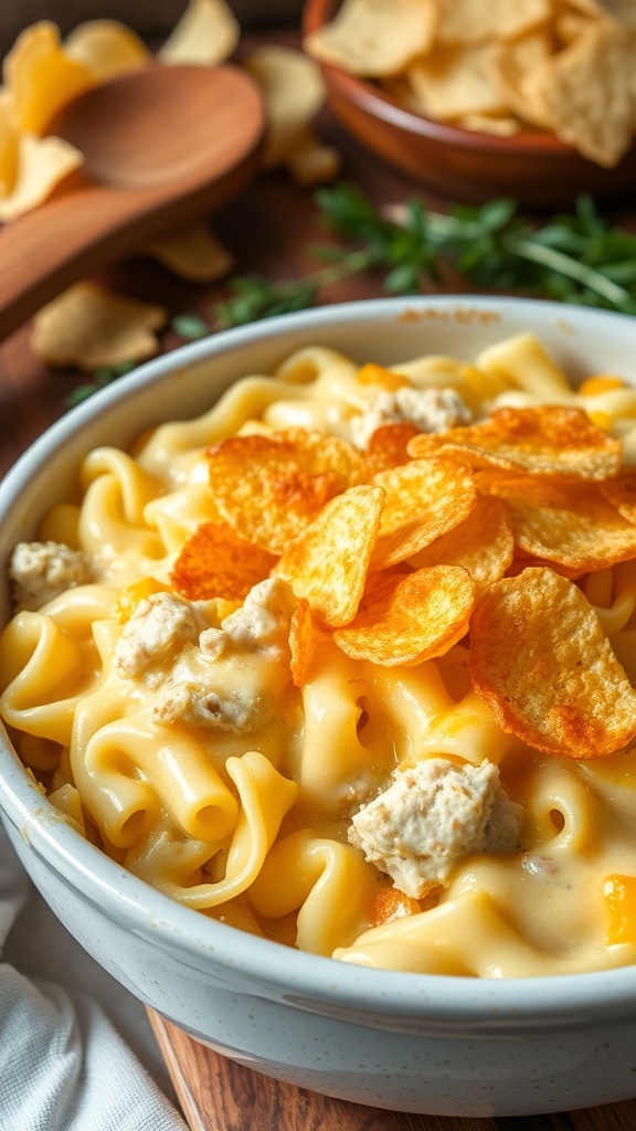 Cheesy Tuna Noodle Casserole Recipe Cheesy tuna noodle casserole with egg noodles, tuna, and melted cheese, served in a rustic dish.